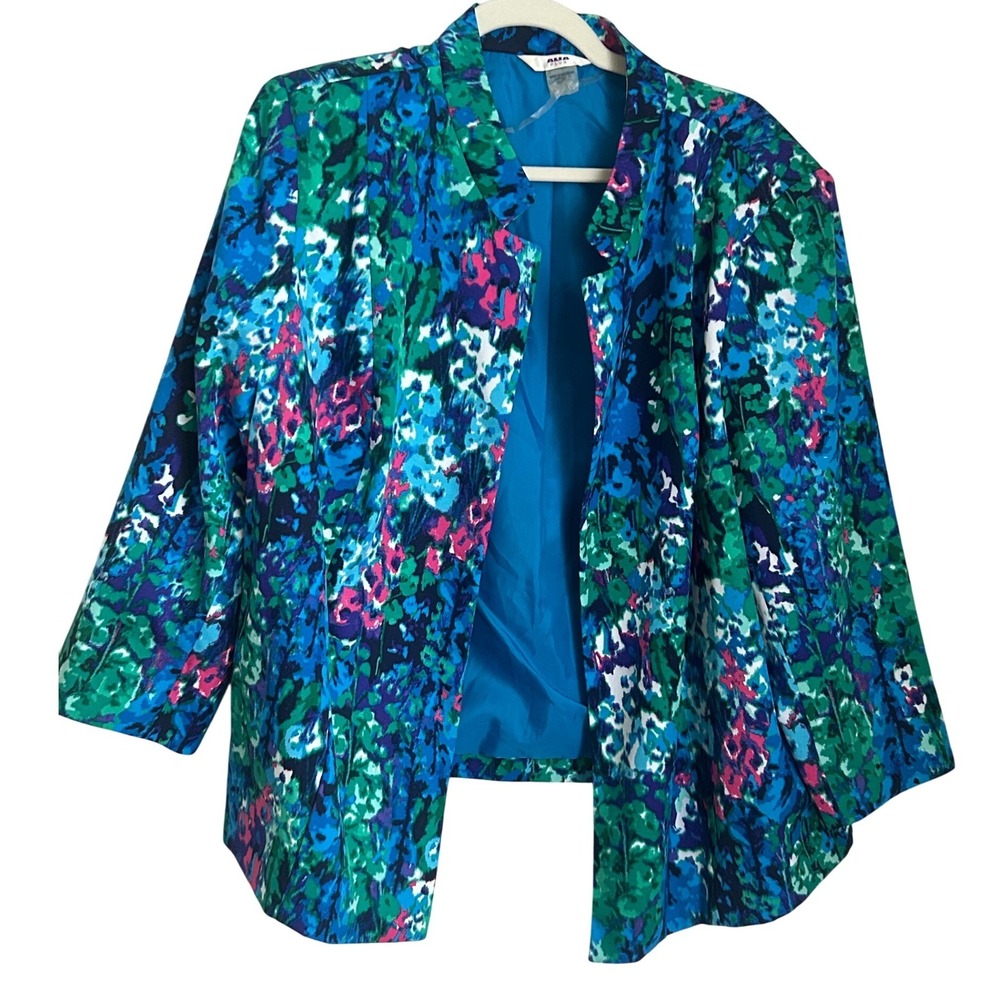 Alia Womens Size 20W Watercolor Floral Open Front Blazer Jacket 7/8 Sleeve‎